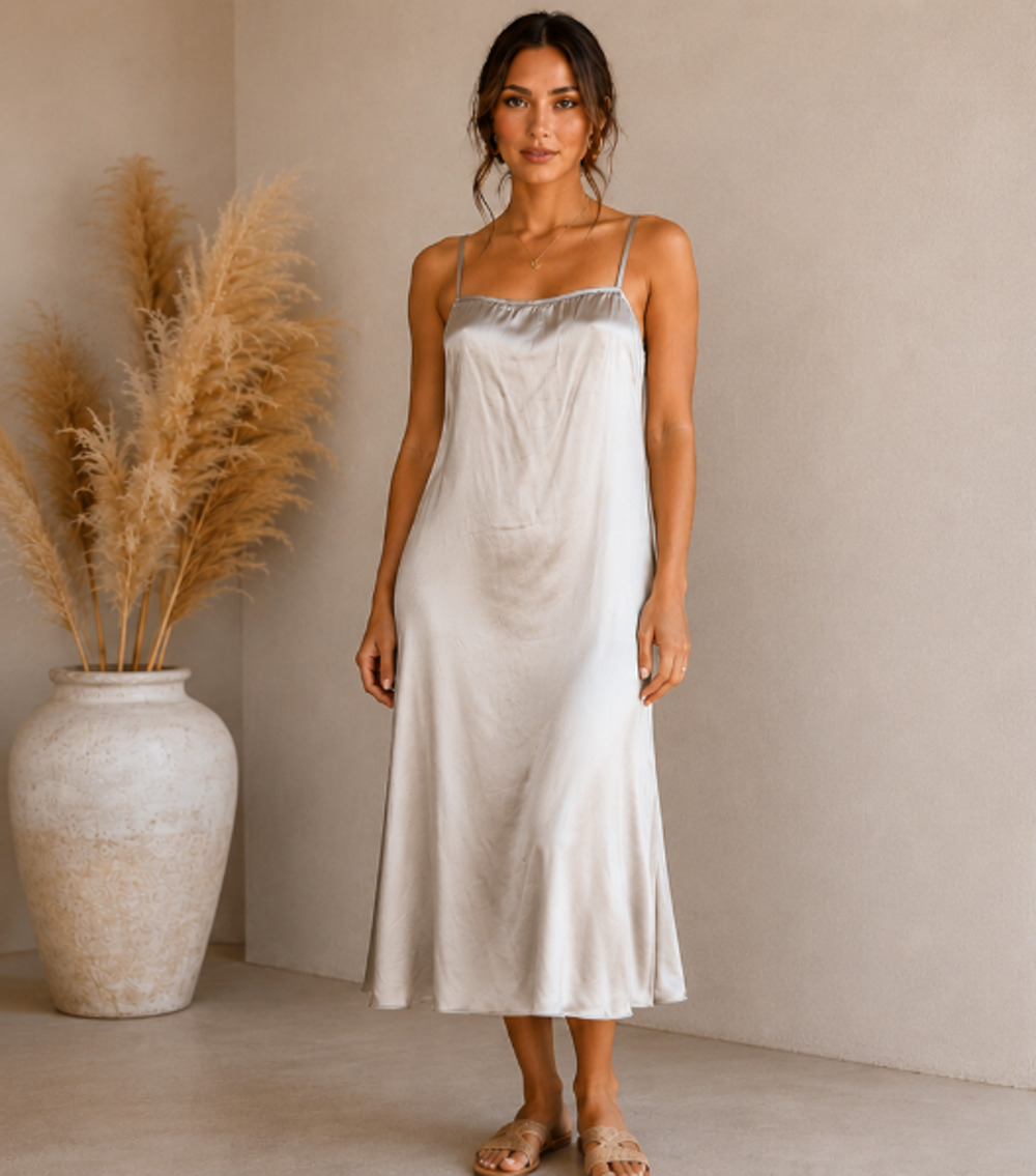 Carol Peretz Women 100% Silk Slip Dress Gray Midi Spaghetti Strap Sz 6 Minimalis
